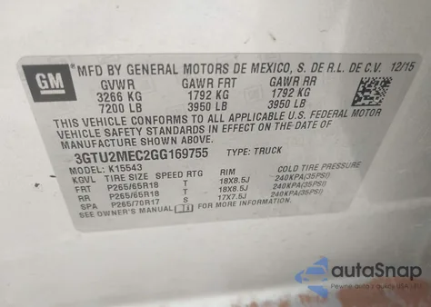 2016 GMC Sierra K1500 Sle из США, поврежденный, VIN 3GTU2MEC2GG169755